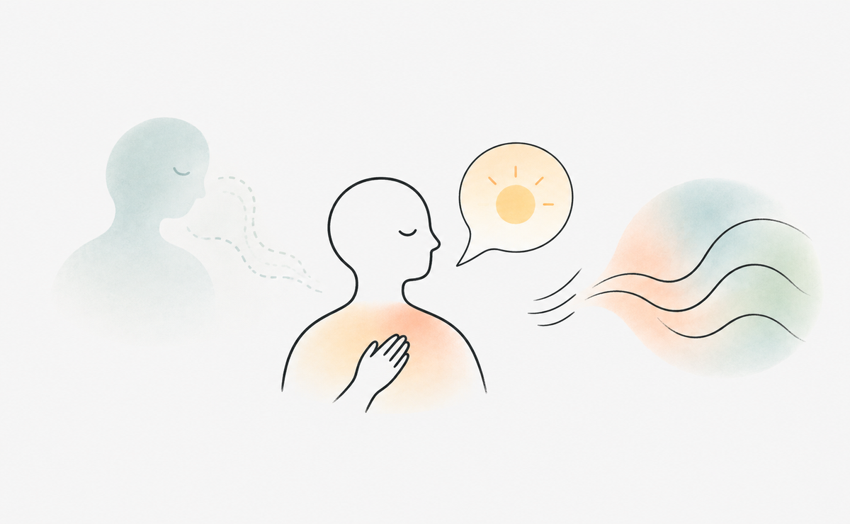 Figure calmly distinguishes three sources of emotion: a faint past echo, a present inner signal and an external emotional wave approaching from another person.