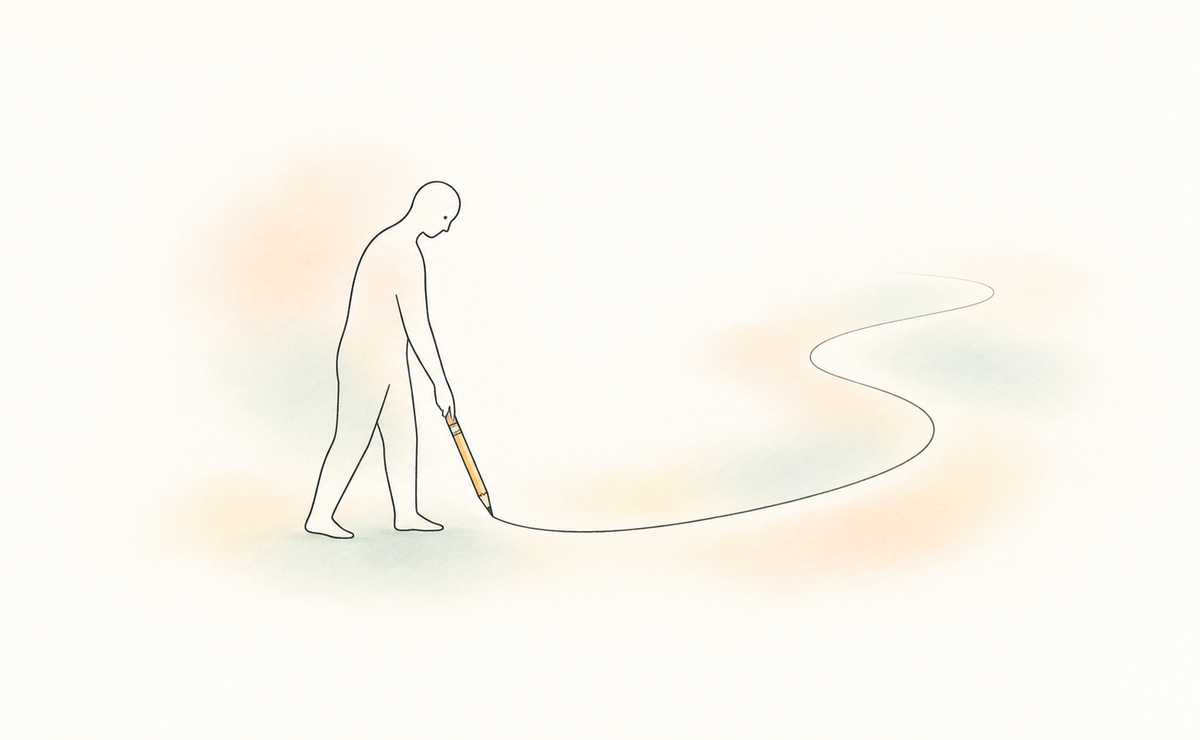 A line-drawn person uses a pencil to create their own winding path, surrounded by soft peach and sage washes, symbolising authorship and choice in neurodivergent lives.