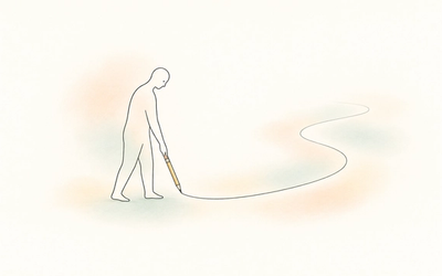 A line-drawn person uses a pencil to create their own winding path, surrounded by soft peach and sage washes, symbolising authorship and choice in neurodivergent lives.
