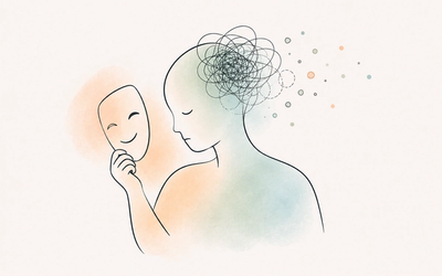 A person holds a smiling mask away from their tired face, with tangled lines above their head suggesting the effort of maintaining appearances.