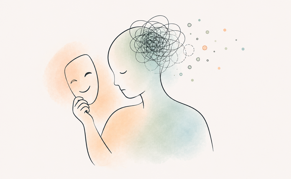 A person holds a smiling mask away from their tired face, with tangled lines above their head suggesting the effort of maintaining appearances.