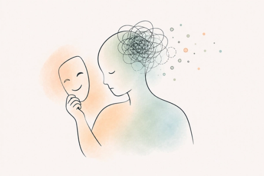 A person holds a smiling mask away from their tired face, with tangled lines above their head suggesting the effort of maintaining appearances.