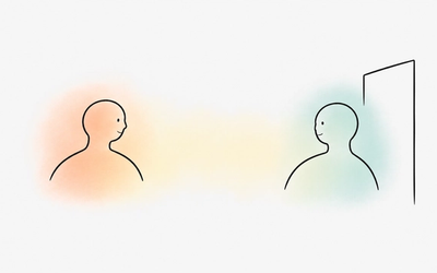 Two rounded silhouettes face each other across an open space, one beside a doorway, surrounded by soft peach and mint washes.