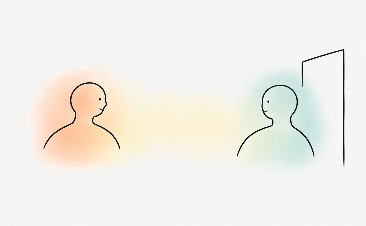 Two rounded silhouettes face each other across an open space, one beside a doorway, surrounded by soft peach and mint washes.