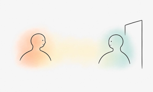 Two rounded silhouettes face each other across an open space, one beside a doorway, surrounded by soft peach and mint washes.