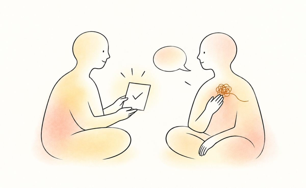 Two figures face each other: one holds a ticked checklist, while the other touches a tangled thread at their chest, suggesting unresolved feelings.