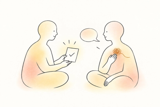 Two figures face each other: one holds a ticked checklist, while the other touches a tangled thread at their chest, suggesting unresolved feelings.