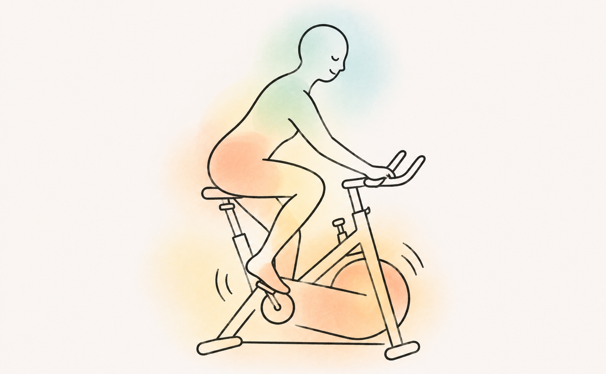 A person calmly pedals a stationary bike, with soft peach and sage washes illustrating how physical movement can offer a form of mental rest.