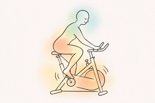 A person calmly pedals a stationary bike, with soft peach and sage washes illustrating how physical movement can offer a form of mental rest.