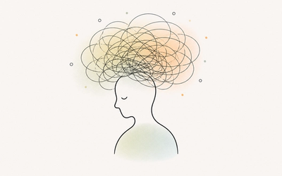 A person sits beneath a tangled cloud of thoughts, representing mental overwhelm, anxiety and overthinking.