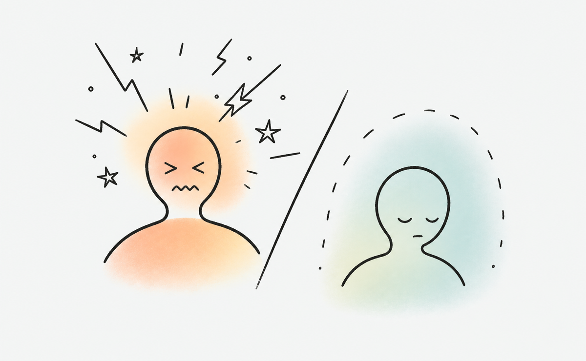 Abstract illustration of a person surrounded by overlapping sensory stimuli gradually fading into a calm, dim environment