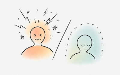 Abstract illustration of a person surrounded by overlapping sensory stimuli gradually fading into a calm, dim environment