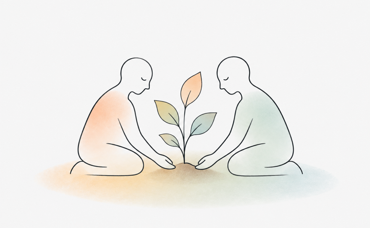 Two seated figures tend a young plant together, symbolising how security can grow through mutual care, consistency and shared relational effort. 
