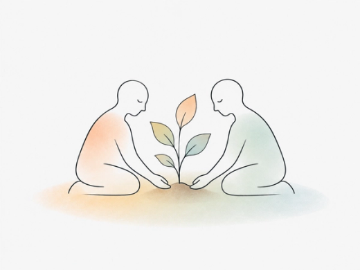 Two seated figures tend a young plant together, symbolising how security can grow through mutual care, consistency and shared relational effort.