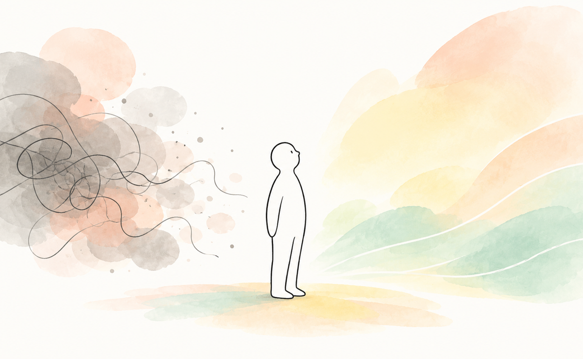 A lone figure stands between tangled grey clouds and soft open colour, suggesting late diagnosis reframing confusion into new understanding.
