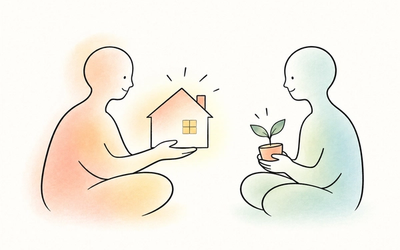 Two seated figures hold different contributions, one a home, one a growing plant, symbolising unequal resources, reciprocity and shared responsibility in relationships.