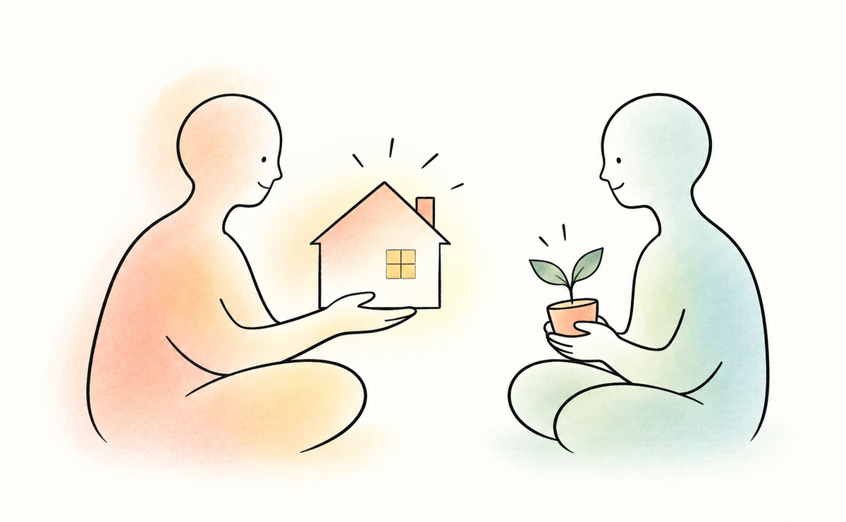 Two seated figures hold different contributions, one a home, one a growing plant, symbolising unequal resources, reciprocity and shared responsibility in relationships.