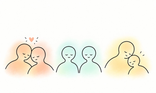 Three pairs of androgynous figures illustrate romantic love, friendship and familial affection: adults leaning together, friends sitting upright, and a parent nestled beside a child.