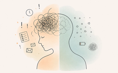 Abstract illustration of a human silhouette overlaid with a tangled network of nerves and circuits, suggesting neurological overload.