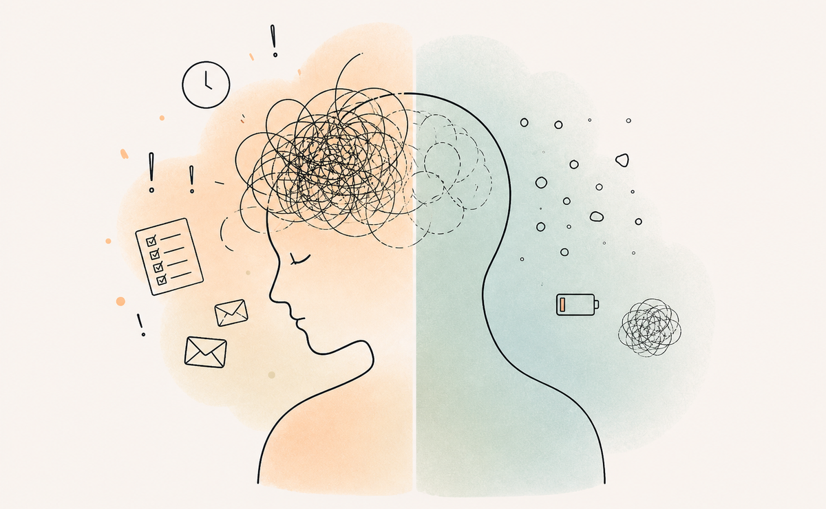 Abstract illustration of a human silhouette overlaid with a tangled network of nerves and circuits, suggesting neurological overload.