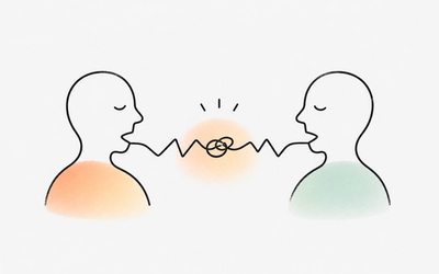 Two people struggle to communicate as their words become tangled between them, representing misunderstanding and conflict in conversation.