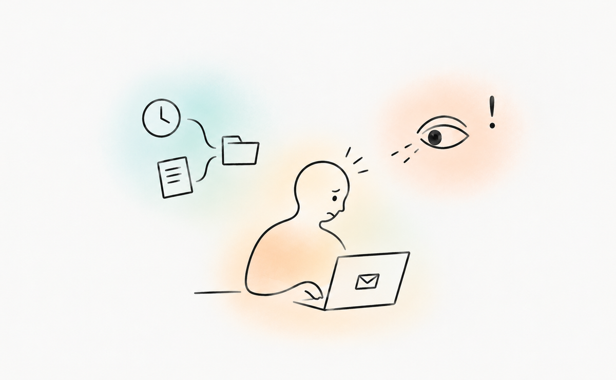 Minimalist line drawing of a person at a laptop, surrounded by a clock, notes, a folder and a watchful eye, representing the overlapping demands of doing, managing and judging a task.