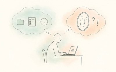 A person types an email beneath two thought clouds: a folder, checklist and clock represent managing the task; a reflection and punctuation marks represent self-judgement. Soft sage and peach washes surround the fine line drawing.