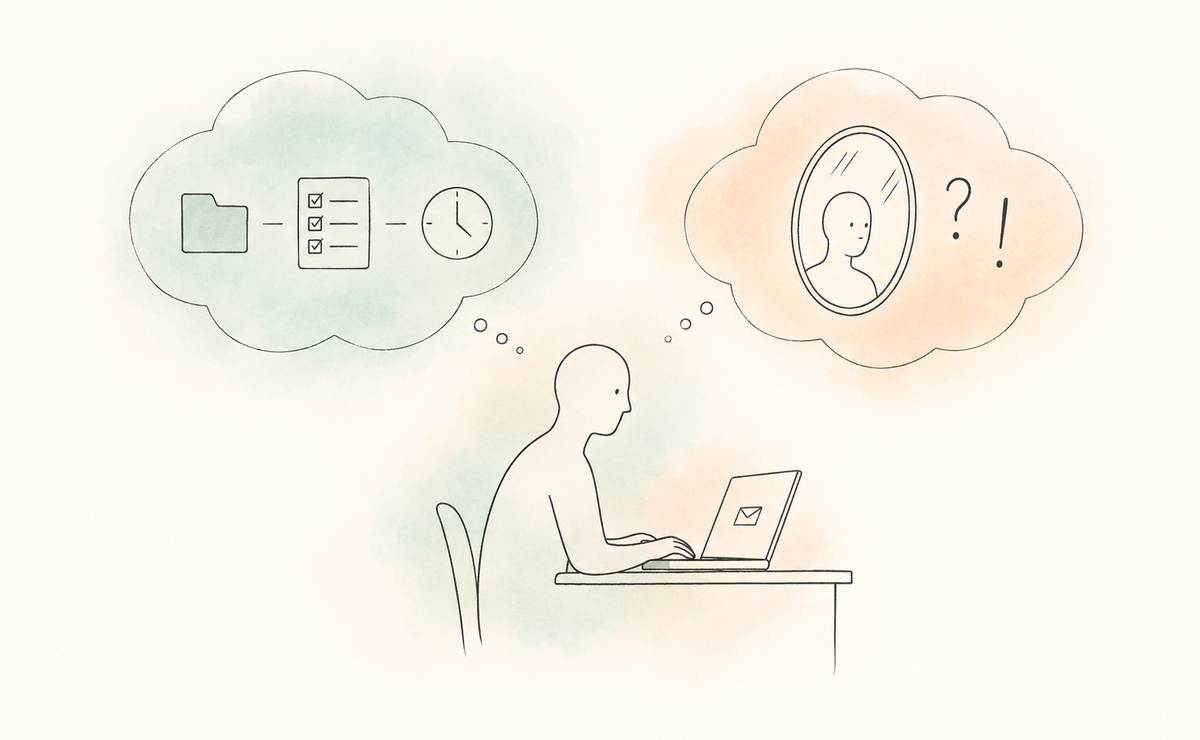 A person types an email beneath two thought clouds: a folder, checklist and clock represent managing the task; a reflection and punctuation marks represent self-judgement. Soft sage and peach washes surround the fine line drawing.