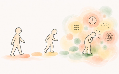Three simple human silhouettes move along stepping stones as increasing sensory and cognitive demands gradually reduce their capacity to function.