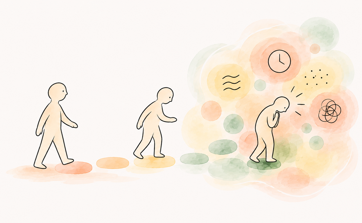 Three simple human silhouettes move along stepping stones as increasing sensory and cognitive demands gradually reduce their capacity to function.