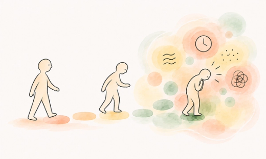 Three simple human silhouettes move along stepping stones as increasing sensory and cognitive demands gradually reduce their capacity to function.
