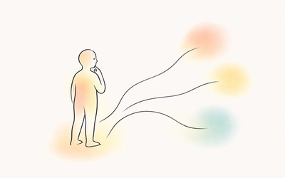 An outlined person pauses beside three branching paths leading to soft pastel washes, suggesting different explanations to explore before naming anxiety.