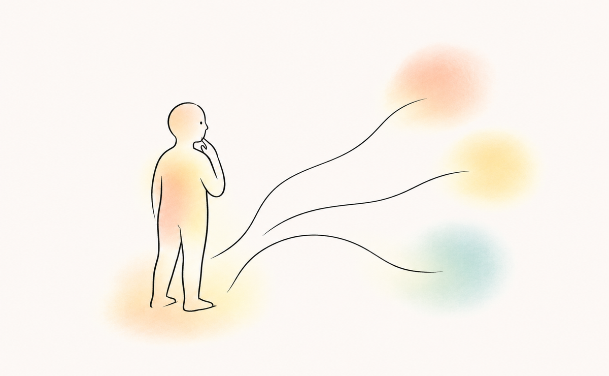 An outlined person pauses beside three branching paths leading to soft pastel washes, suggesting different explanations to explore before naming anxiety.