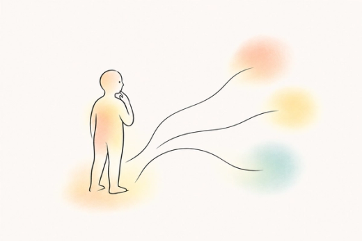 An outlined person pauses beside three branching paths leading to soft pastel washes, suggesting different explanations to explore before naming anxiety.