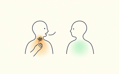 Two people face one another as a fine speech line knots in person’s throat; their hand rests on their upper chest, showing a known name becoming physically stuck.