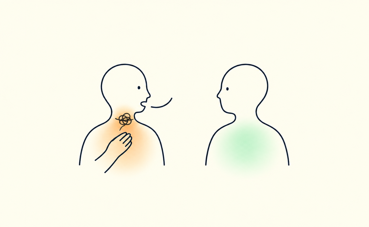 Two people face one another as a fine speech line knots in person’s throat; their hand rests on their upper chest, showing a known name becoming physically stuck.
