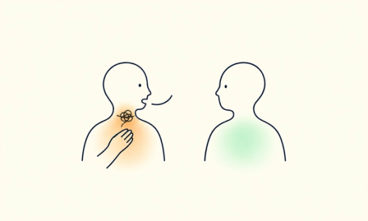 Two people face one another as a fine speech line knots in person’s throat; their hand rests on their upper chest, showing a known name becoming physically stuck.