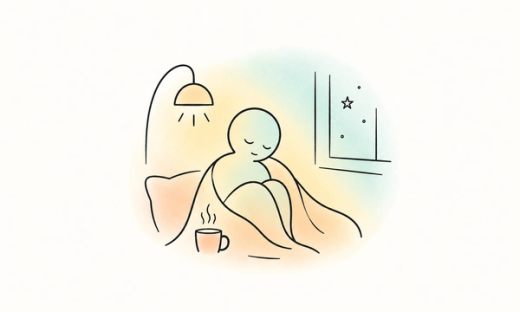 Minimalist illustration of a person sitting peacefully curled up under a blanket, surrounded by soft peach, yellow and mint washes. A glowing lamp, steaming mug and quiet night-time window evoke hygge: warmth, familiarity, sensory comfort and a sense of safety.