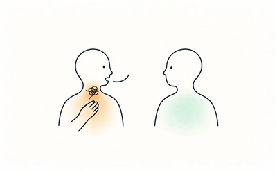 Two people face one another as a fine speech line knots in person’s throat; their hand rests on their upper chest, showing a known name becoming physically stuck.