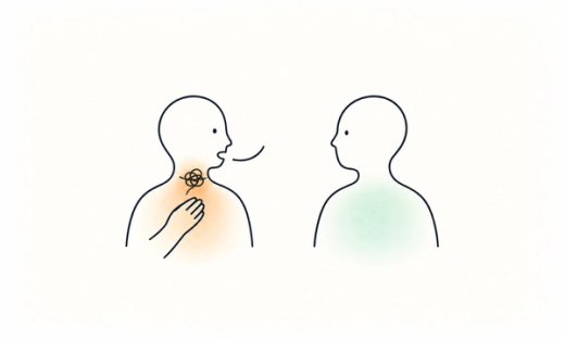Two people face one another as a fine speech line knots in person’s throat; their hand rests on their upper chest, showing a known name becoming physically stuck.