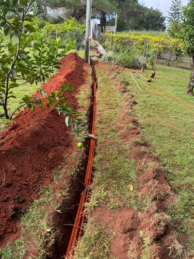New orange sub-main in an open trench across a Palmwoods lawn
