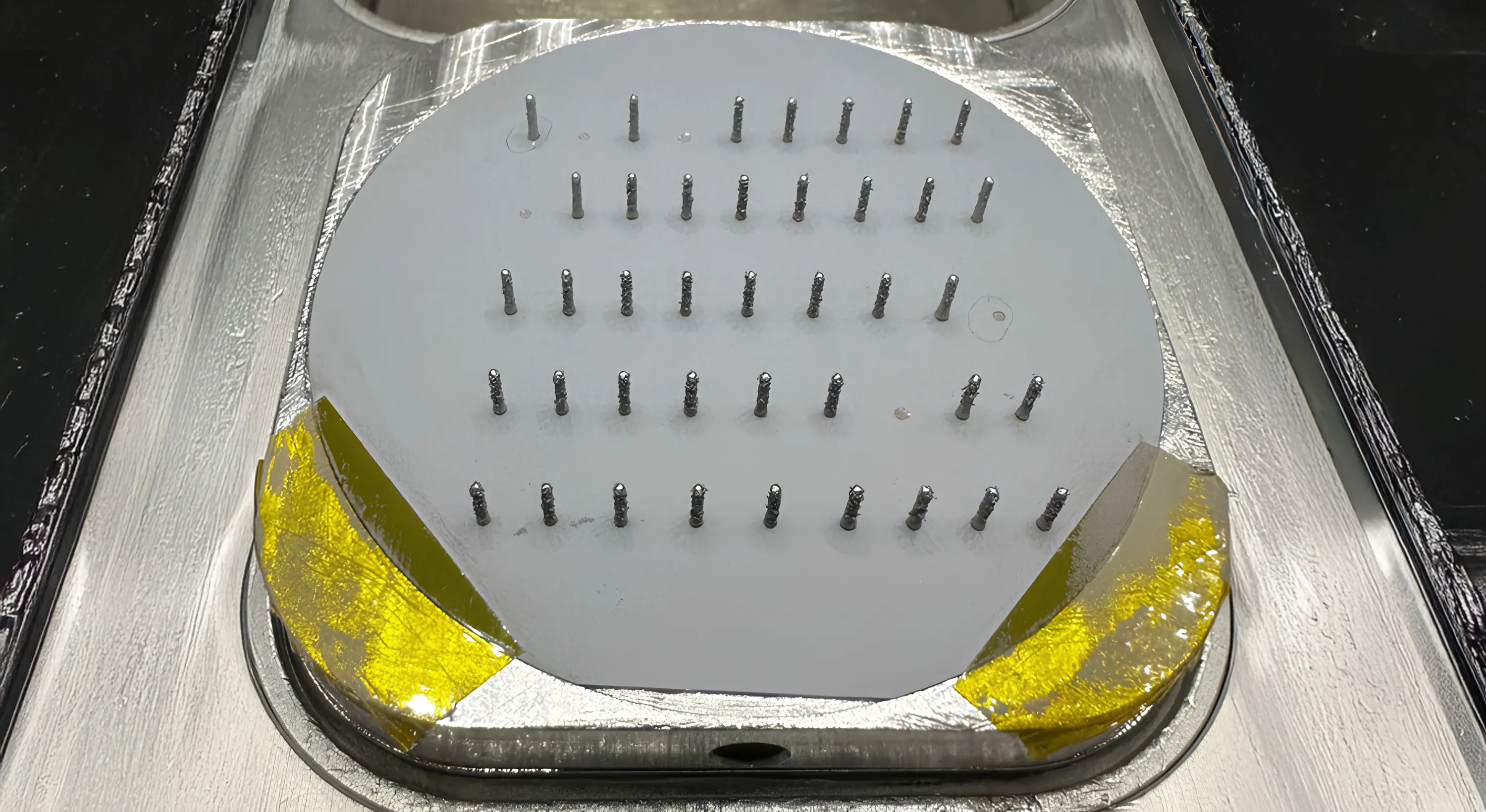 Top view of a circular matrix with metal pins arranged in a regular pattern inside a metal structure.