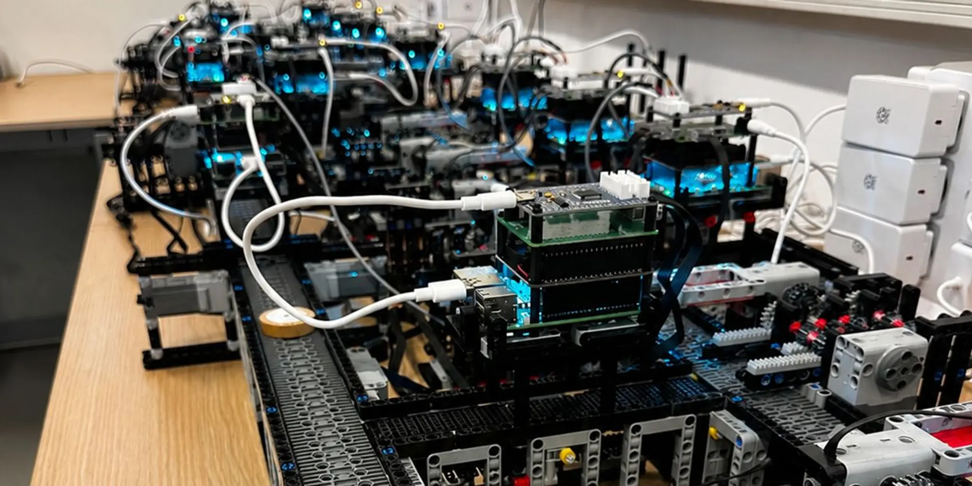 Close-up of interconnected modular robotic systems on a laboratory workbench.