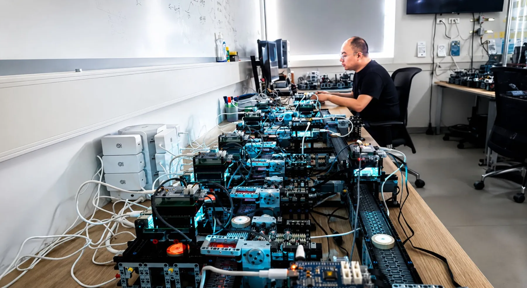 Ricercatore al lavoro in un laboratorio con sistemi robotici modulari su un banco di prova.