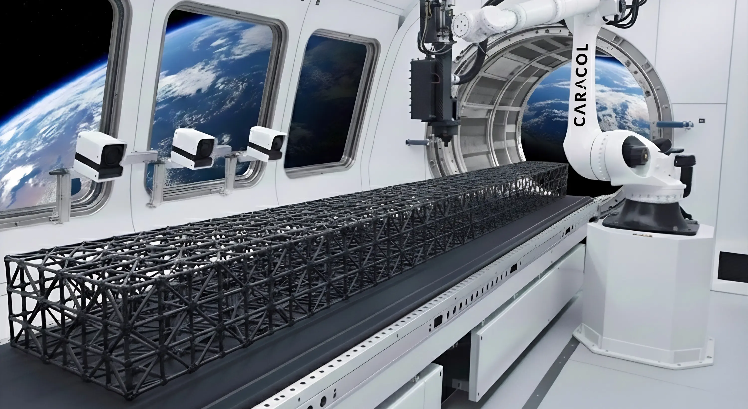 Robotic arm working on a lattice structure in a technical environment with a view of Earth.