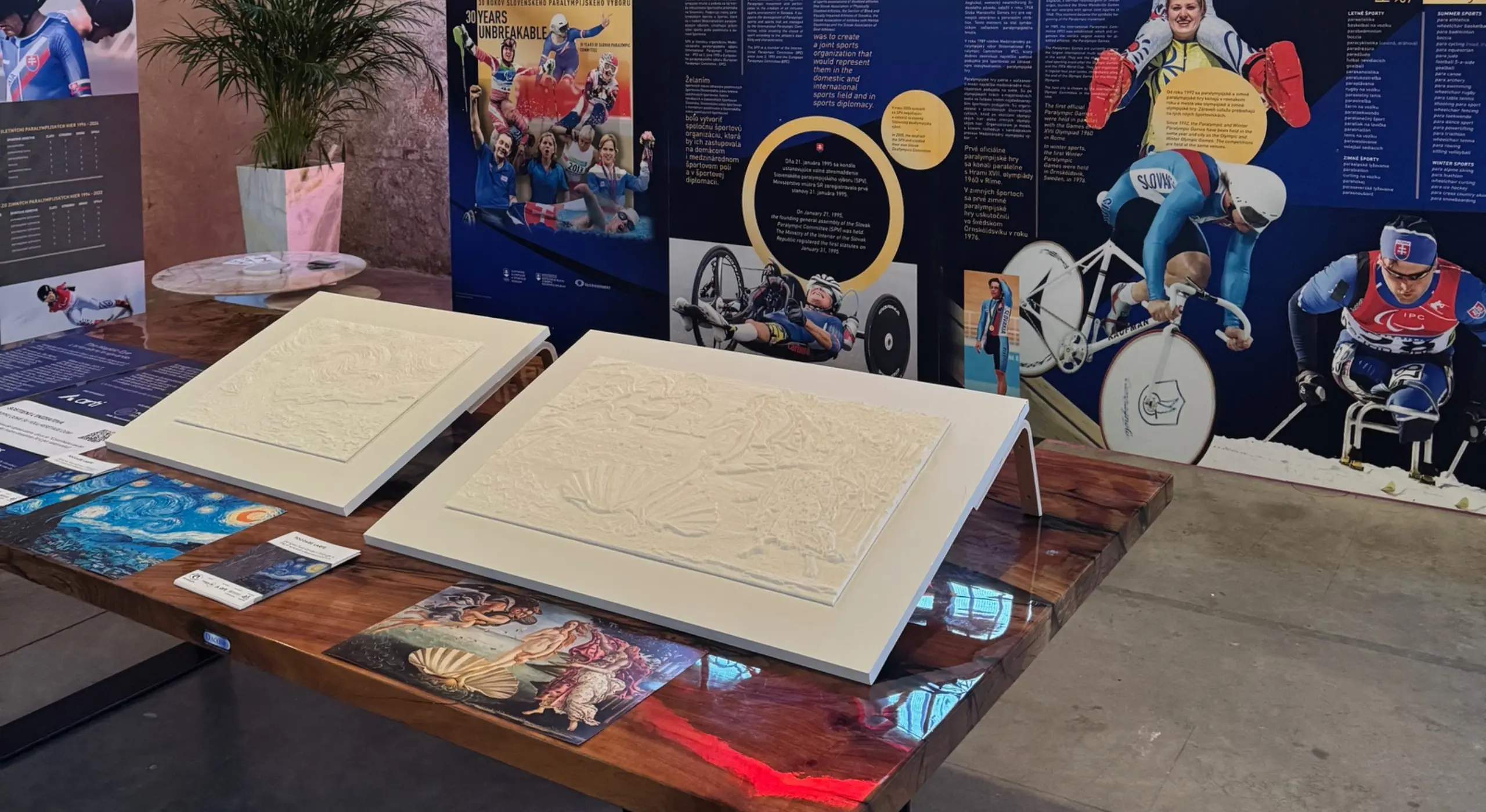 Tactile raised panels of artworks displayed on a table with informational materials.
