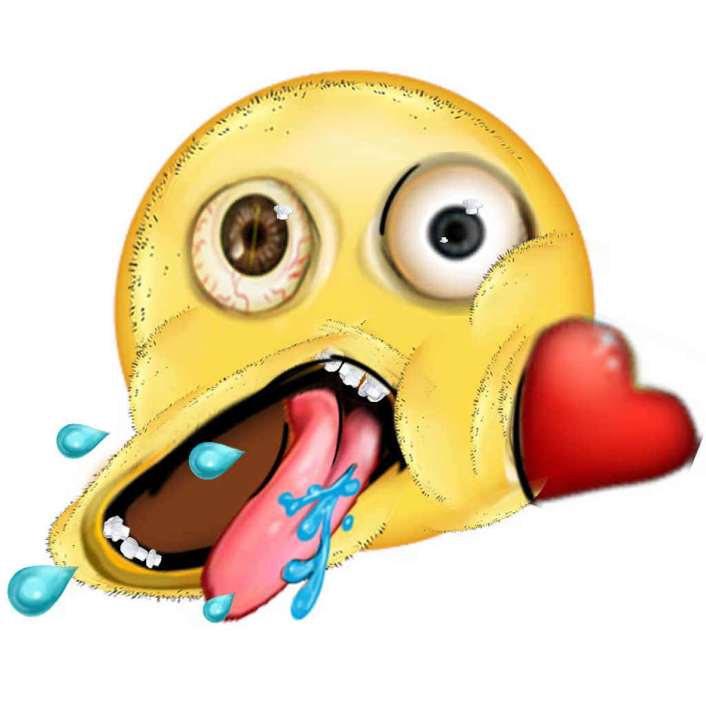 Yellow cursed emoji getting hit in the face with a red heart, mouth open with teeth getting knocked out