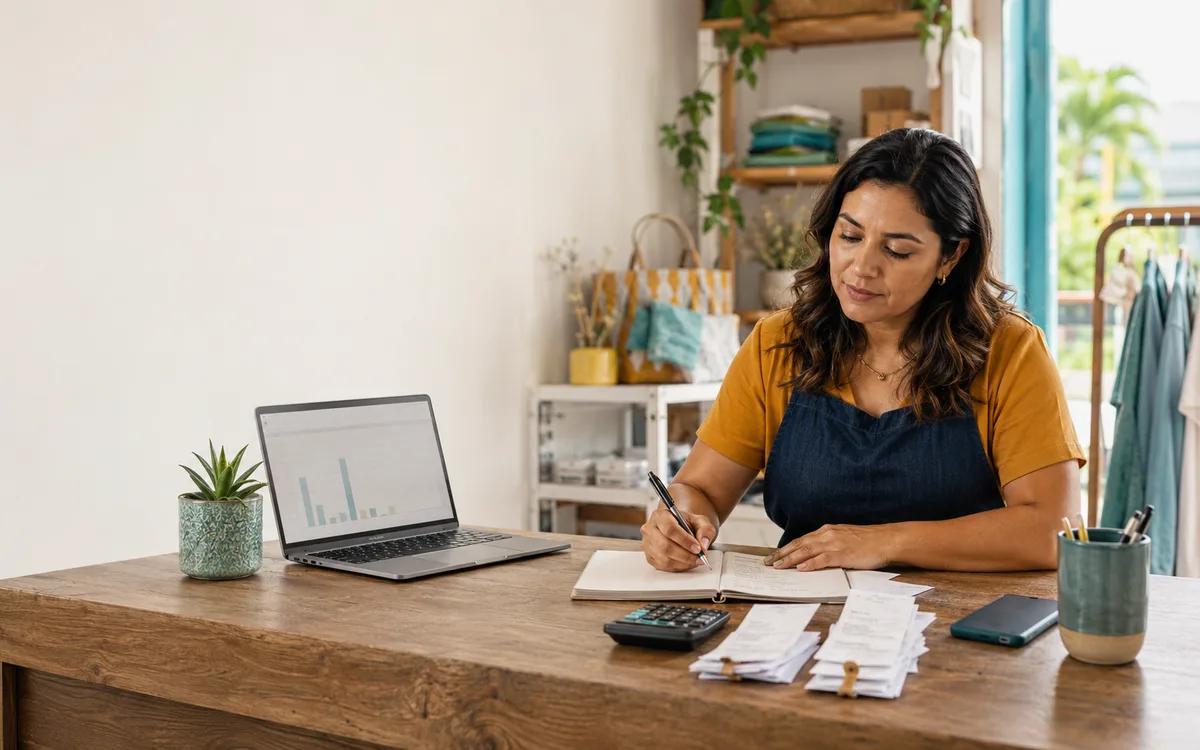 Microempreendedora confere o registro de receitas do negócio em uma mesa de trabalho