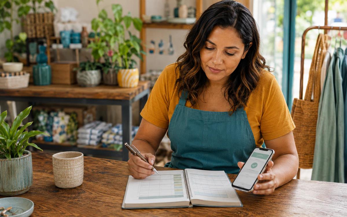 Microempreendedora compara registros de vendas com recebimentos no celular e no notebook