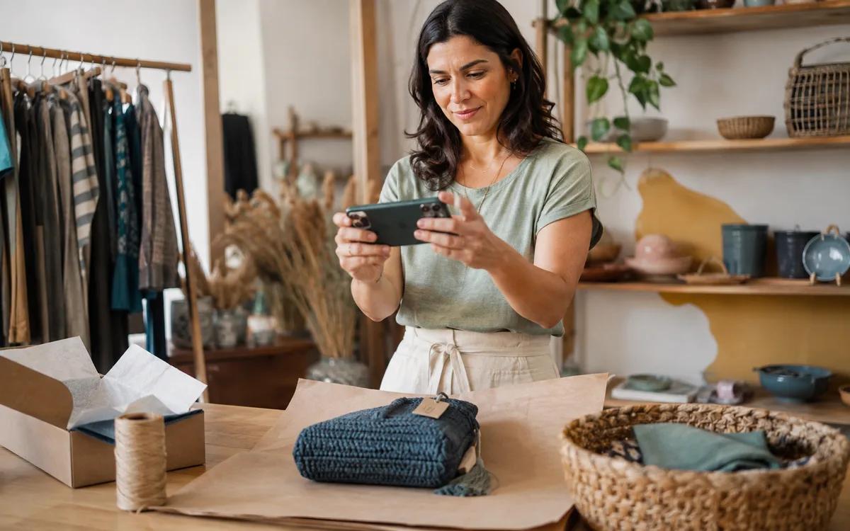 Empreendedora fotografa produto para atender cliente pelo WhatsApp Business